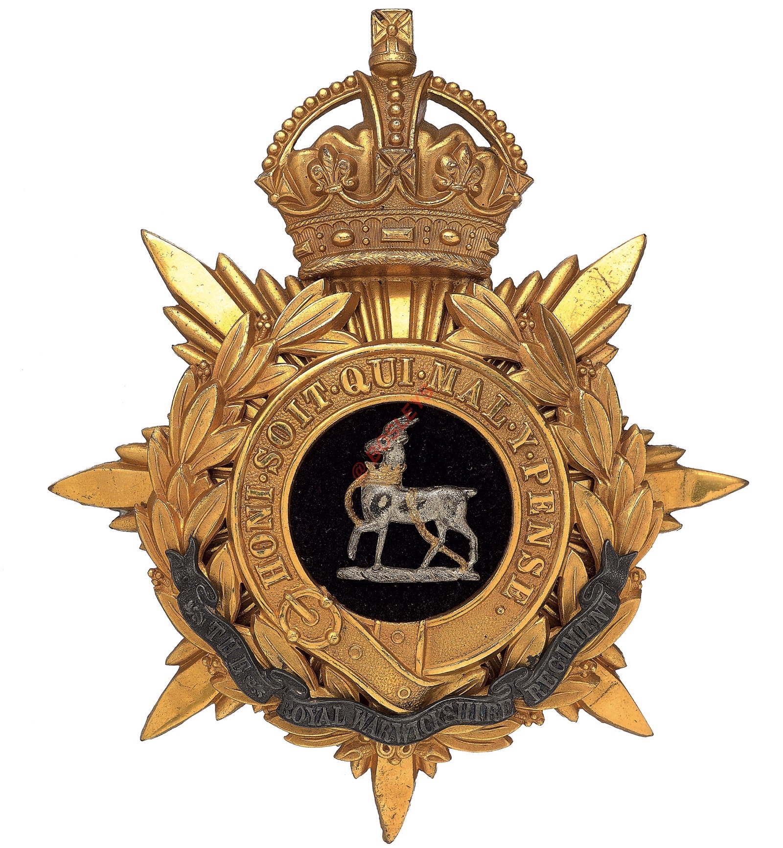 Badge. Royal Warwickshire Regiment Officer’s helmet plate circa 1902-14. A fine gilt example by