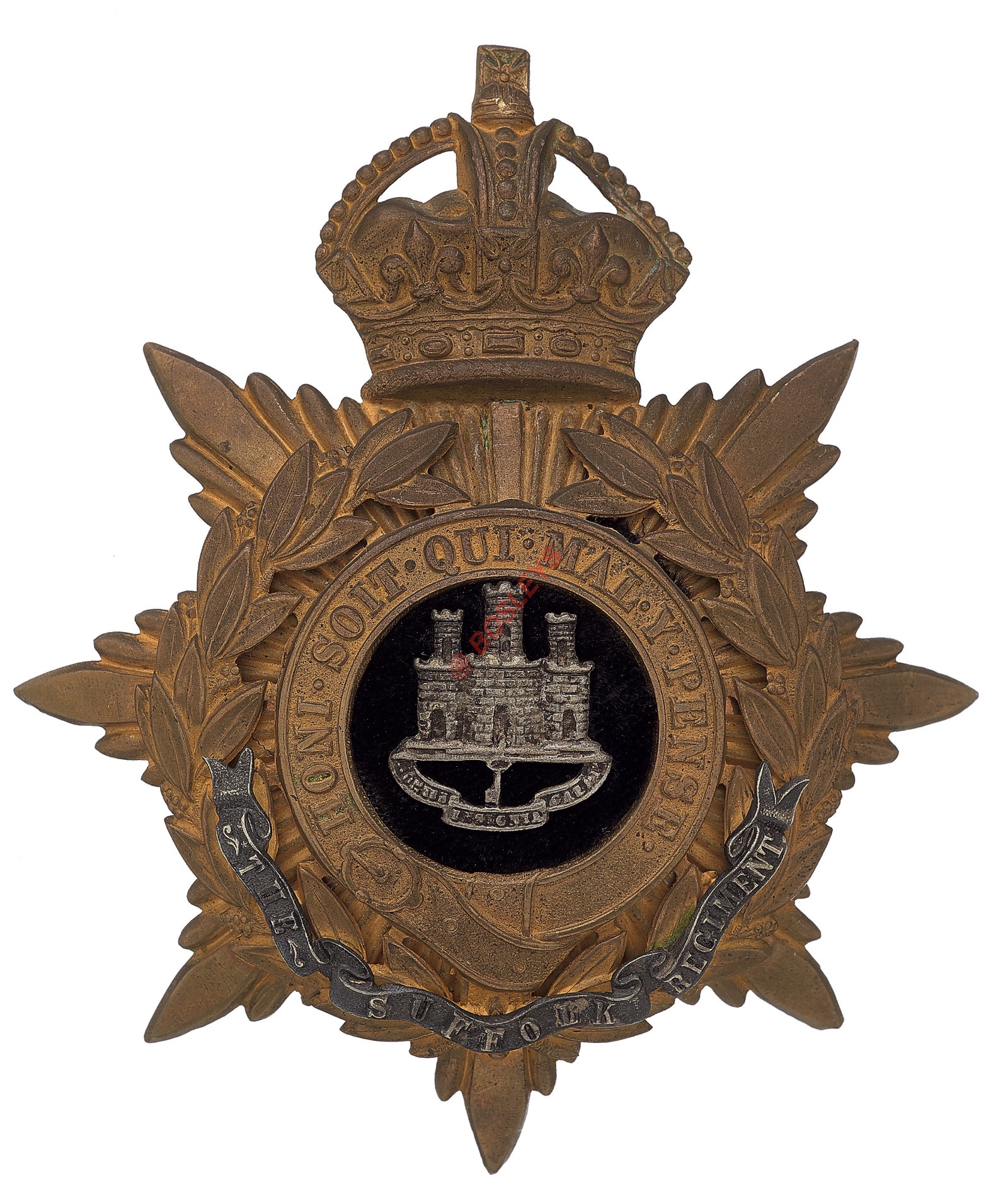Badge. Suffolk Regiment Officer’s helmet plate circa 1900-01. A good gilt example. Crowned star