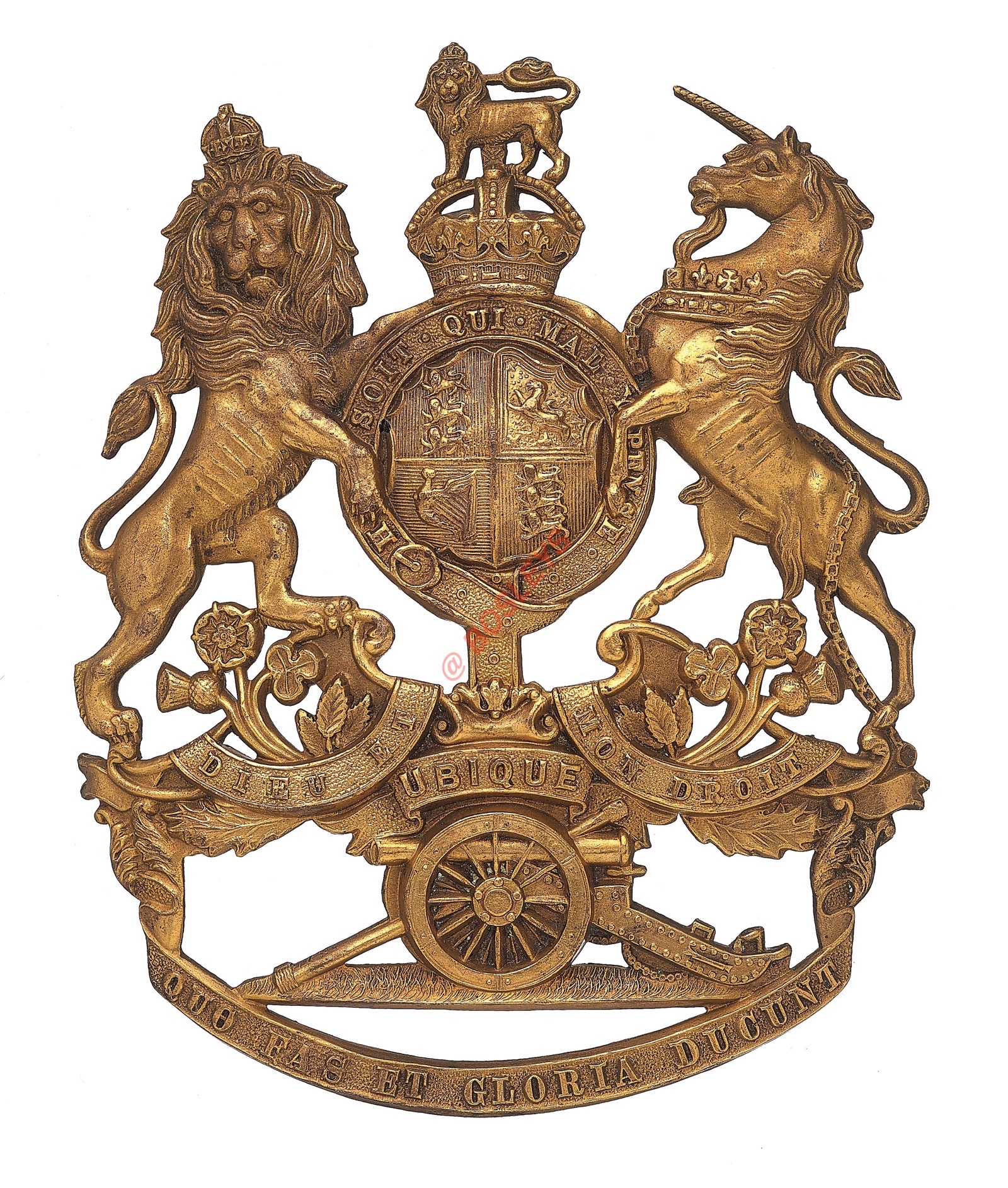 Badge. Royal Artillery OR’s helmet plate circa 1902-14. A good die-stamped brass example. Royal Arms