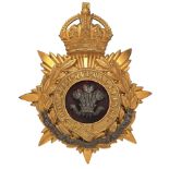 Badge. North Staffordshire Regiment Officer’s helmet plate circa 1901-14. A very fine gilt example