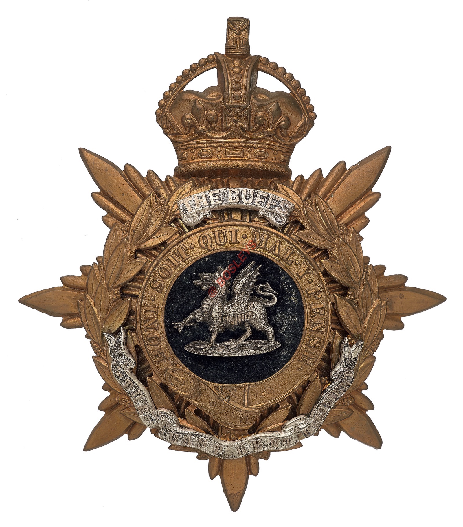 Badge. The Buffs, East Kent Regiment Officer’s helmet plate circa 1901-14. A good gilt example.