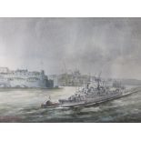 Aldo M Galea (Maltese) - HMS London, Last English Ship to Leave Malta 1/4/79, watercolour, signed