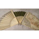 Two 19th century French ivory fans, the guards and sticks with pin head decoration, the second fan