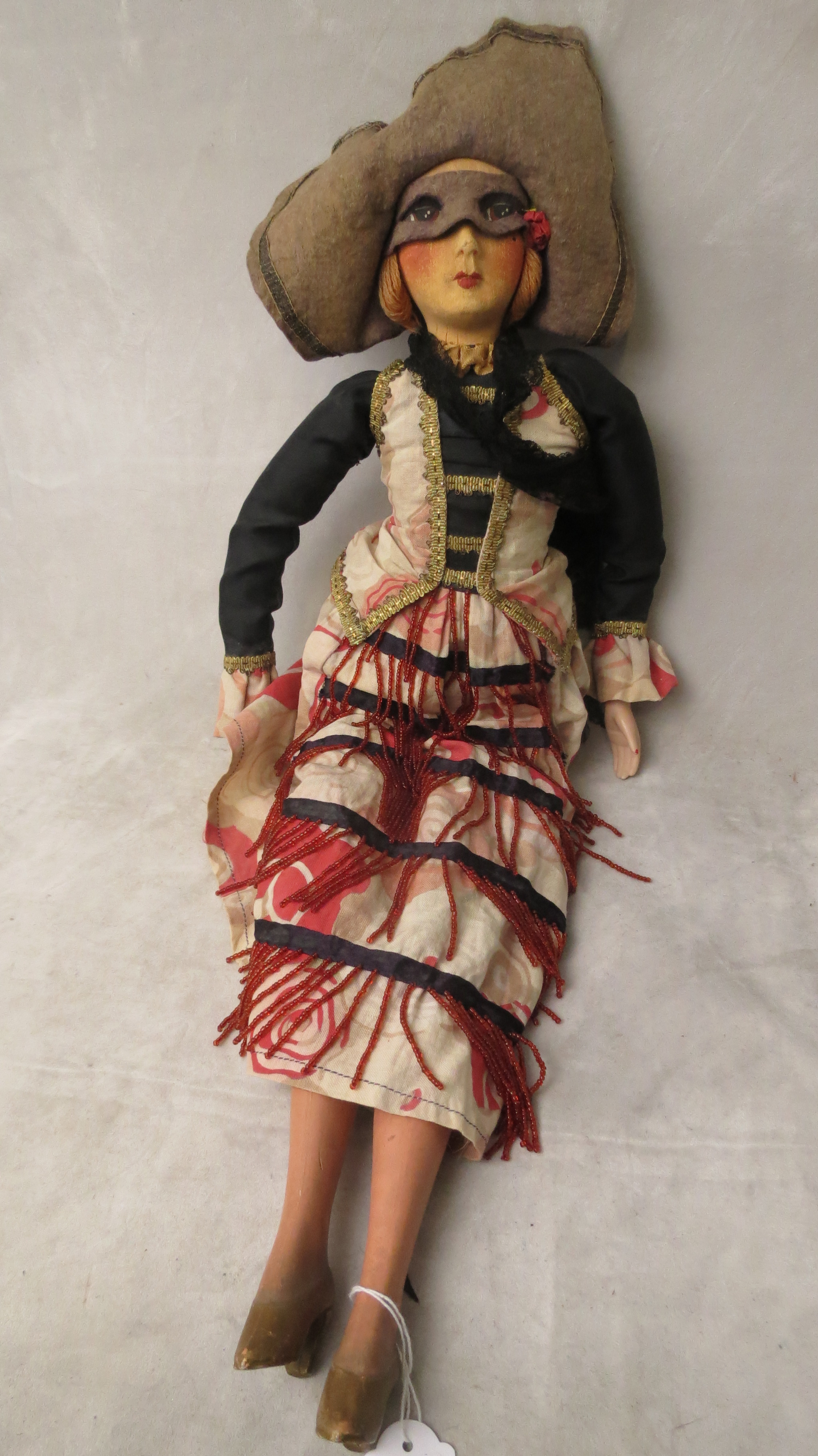 1920s French boudoir doll, composition head, painted bisque hands and legs, in original costume