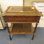 A 19th century French marquetry two tier Vido Poche with gilt gallery, lift off lid and lower shelf