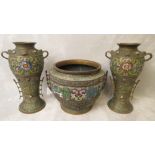 A Chinese brass and enamelled jardiniere and garniture set, the vases with floral decoration and