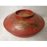 Japanese early 20th century red lacquered serving rice bowl and cover with floral gilded and black