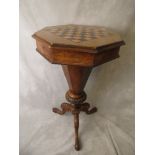 A 19th century walnut sewing table with fitted interior, inlaid chess board on splayed legs