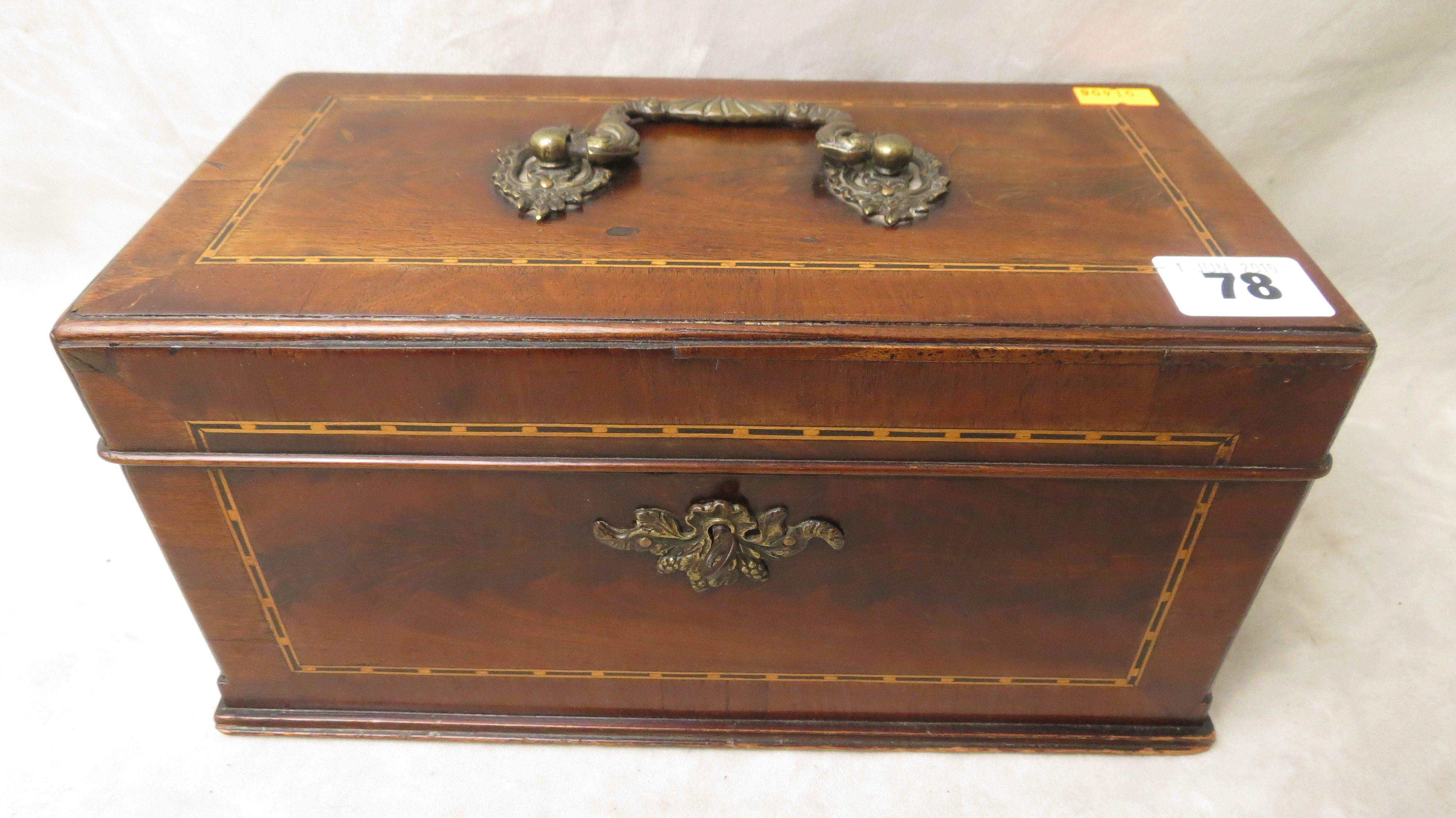 19th century inlaid mahogany tea caddy, interior with three fitted compartments, brass carrying - Image 2 of 2