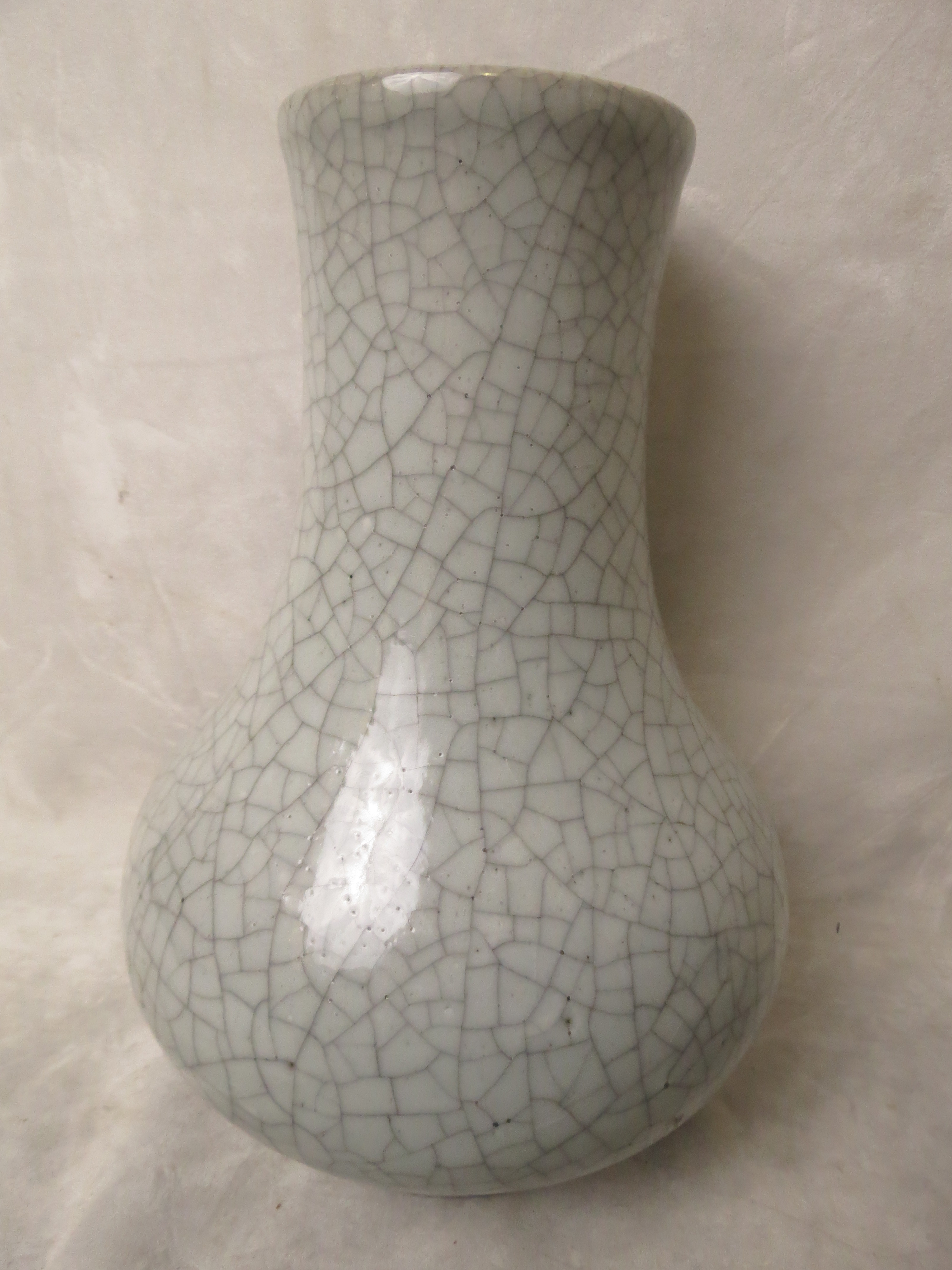 A Chinese grey monochrome crackle glazed vase of pear shaped form on a flared foot rim, blue six- - Image 2 of 2