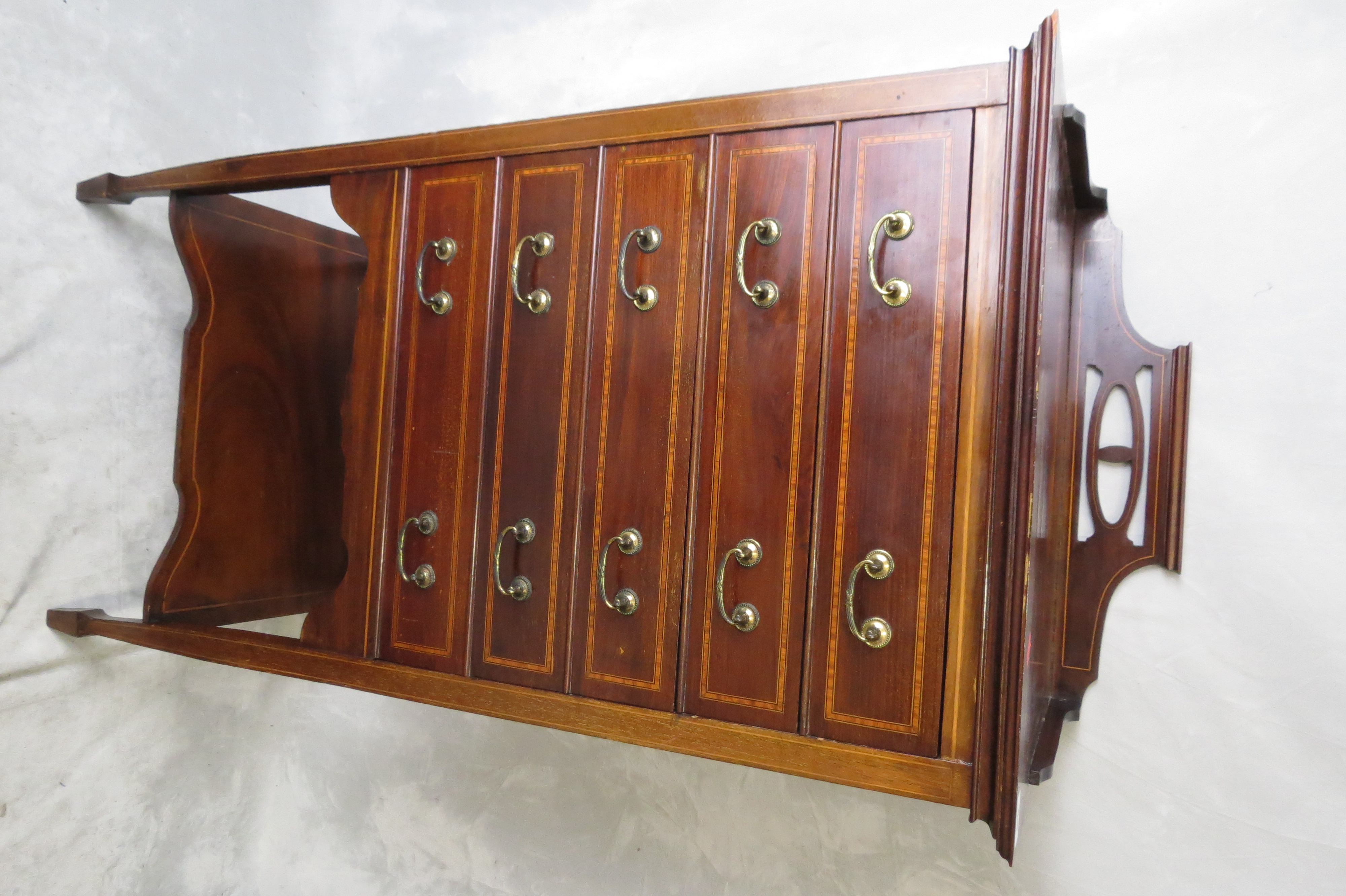 Edwardian inlaid mahogany Sheraton revival music cabinet, 3/4 extended back, five drawers, square