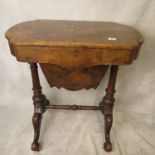 Victorian inlaid walnut sewing table with fitted interior and contents, on turned columns and