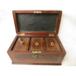 19th century inlaid mahogany tea caddy, interior with three fitted compartments, brass carrying