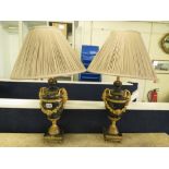 A pair of Empire style gilt and marble urn shaped table lamps with Oyster silk shades