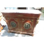 A 20th century French Empire style kingwood gilt mounted side cabinet with bronze plaques and marble