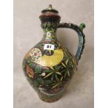 Late 19th century Hungarian pottery ornamental jug decorated with whales, birds and insects in an