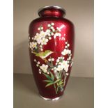 Japanese red enamelled Anto style cloisonné vase, bird in a blossoming branch decoration