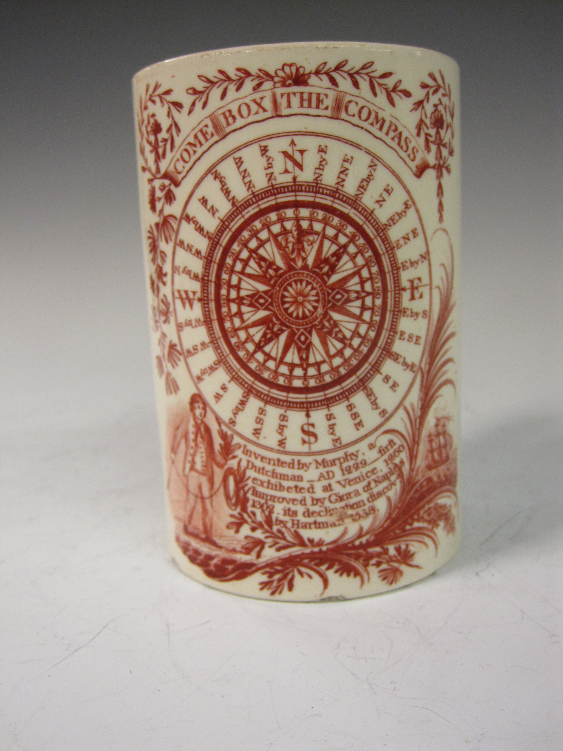 A creamware cylindrical Mug, printed "Come Box the Compass", the world in planisphere, sailor " - Image 2 of 5