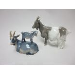 Two Royal Copenhagen Figures of billy goat and nanny goat with kid, No 4726 & 4744, 6in & 4in