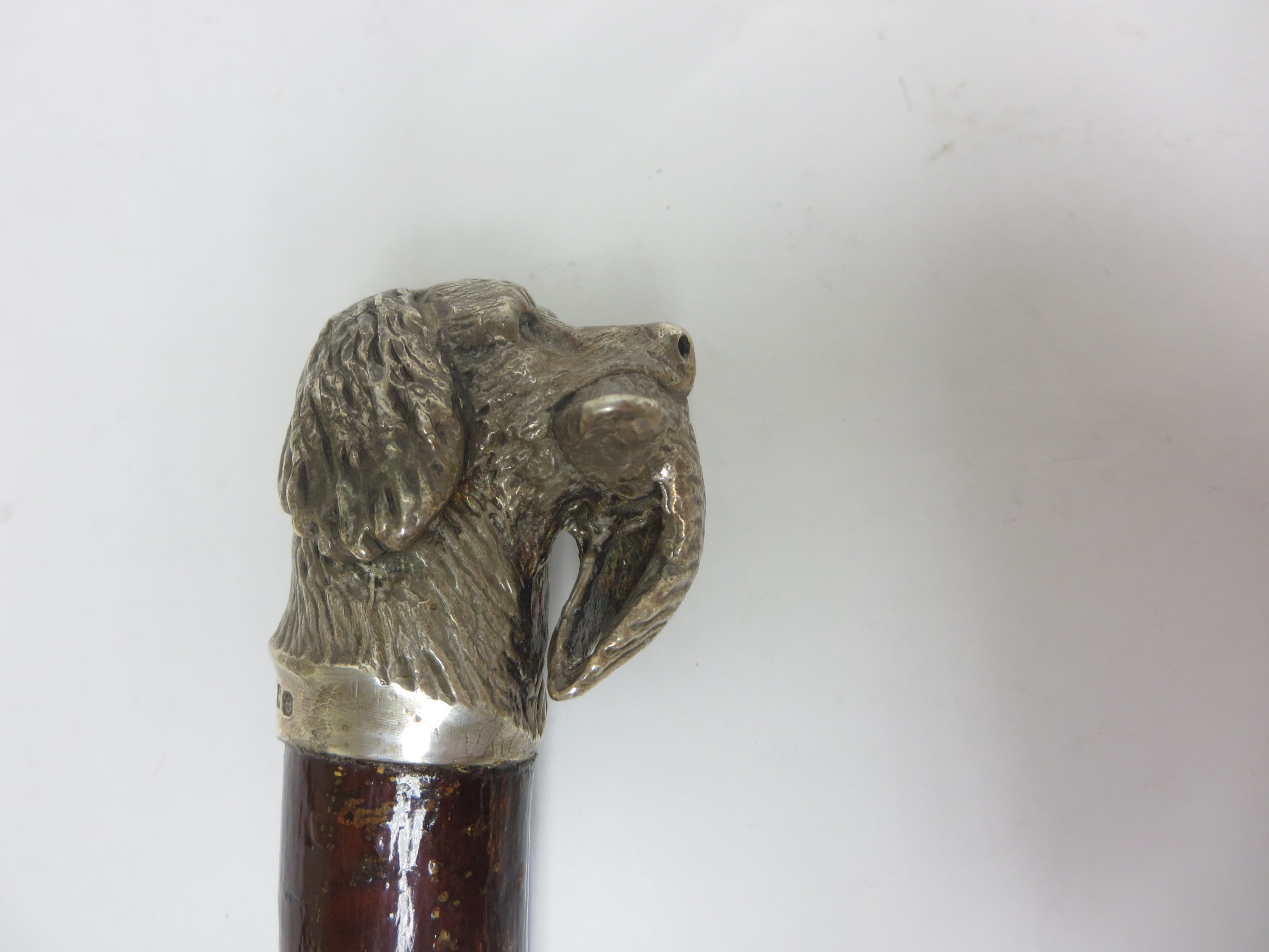 A Walking Stick with modern silver finial of dog with game bird