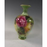 A Royal Worcester baluster Vase with green neck, painted rose designs on a chiefly green ground,