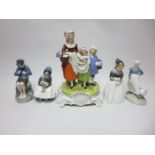 Four Royal Copenhagen Figures of goose girl, boy with stick, two other girls, and a Dresden