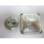 A Russian silver cushion shape Trinket Box with engine turning and tassel corners and a circular