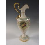 A Royal Worcester Ewer, painted circular panel of fruit signed M Price, classical frieze of flowers,