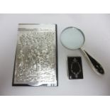 A George V silver and tortoiseshell handled Magnifying Glass, Sheffield 1914, a Matchbox Holder,