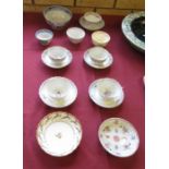 Three Newhall Tea Bowls and Saucers, pair of Worcester Tea Bowls and Saucers, two others and a