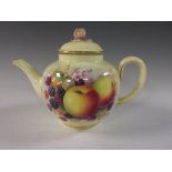 A Royal Worcester Teapot painted fruit design on a yellow ground, signed P Platt, gold stamp, 5in H