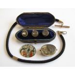 A Mourning Hair Watch Chain with yellow metal mounts, boxed studs etc