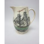 A pottery Jug with over painted monochrome print of "Ship Caroline" and named "James Leech" 8 3/