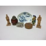 A Chinese shaped oval blue and white Bowl painted landscape, 5 1/2in, a Snuff Bottle, small carved