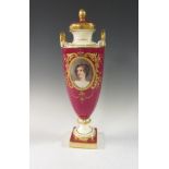 A rare Minton lidded tall tapering Vase with two ring handles and ribbon border, with oval