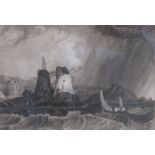 FOLLOWER OF JOHN CROME. A Coastal View with Windmills, grey wash,5 1/2 x 7 1/2 in