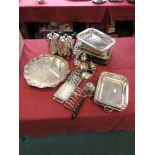 Three silver and two plated Condiments, Sheffield plated Mustard Pot, plated Entree Dishes,