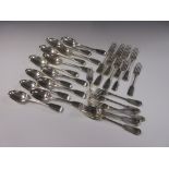 Six Edward VII silver Table Spoons and six Dinner Forks fiddle and thread pattern, London 1903, five