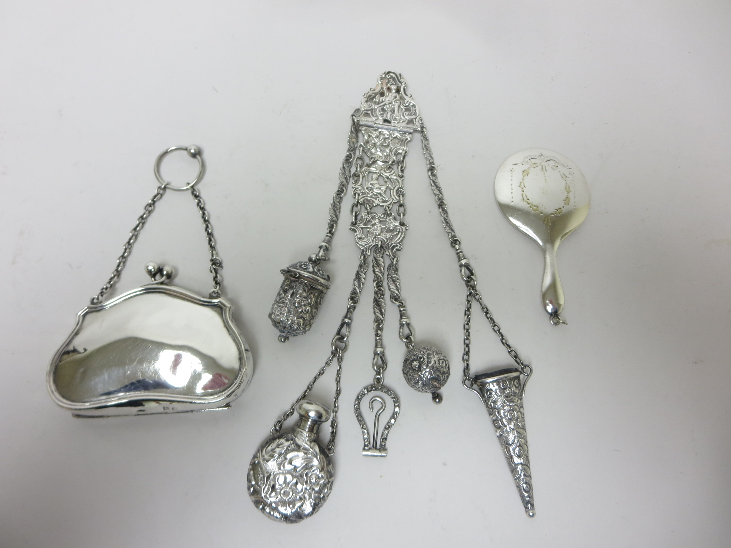 A Victorian silver Chatelaine with embossed scent bottle, button hook, scissors, thimble case, - Image 2 of 2