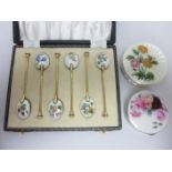 Six silver and floral enamel Coffee Spoons, Birmingham 1973, in case, and two silver and floral