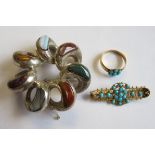 A Turquoise Cluster Ring set seven cabochons, Turquoise Brooch, stamped 9c and a Victorian Agate