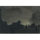 T.W. HOLMES. Trafalgar Square, Late Evening, signed, grisaille, oil on board, 8 x 10 1/2 in