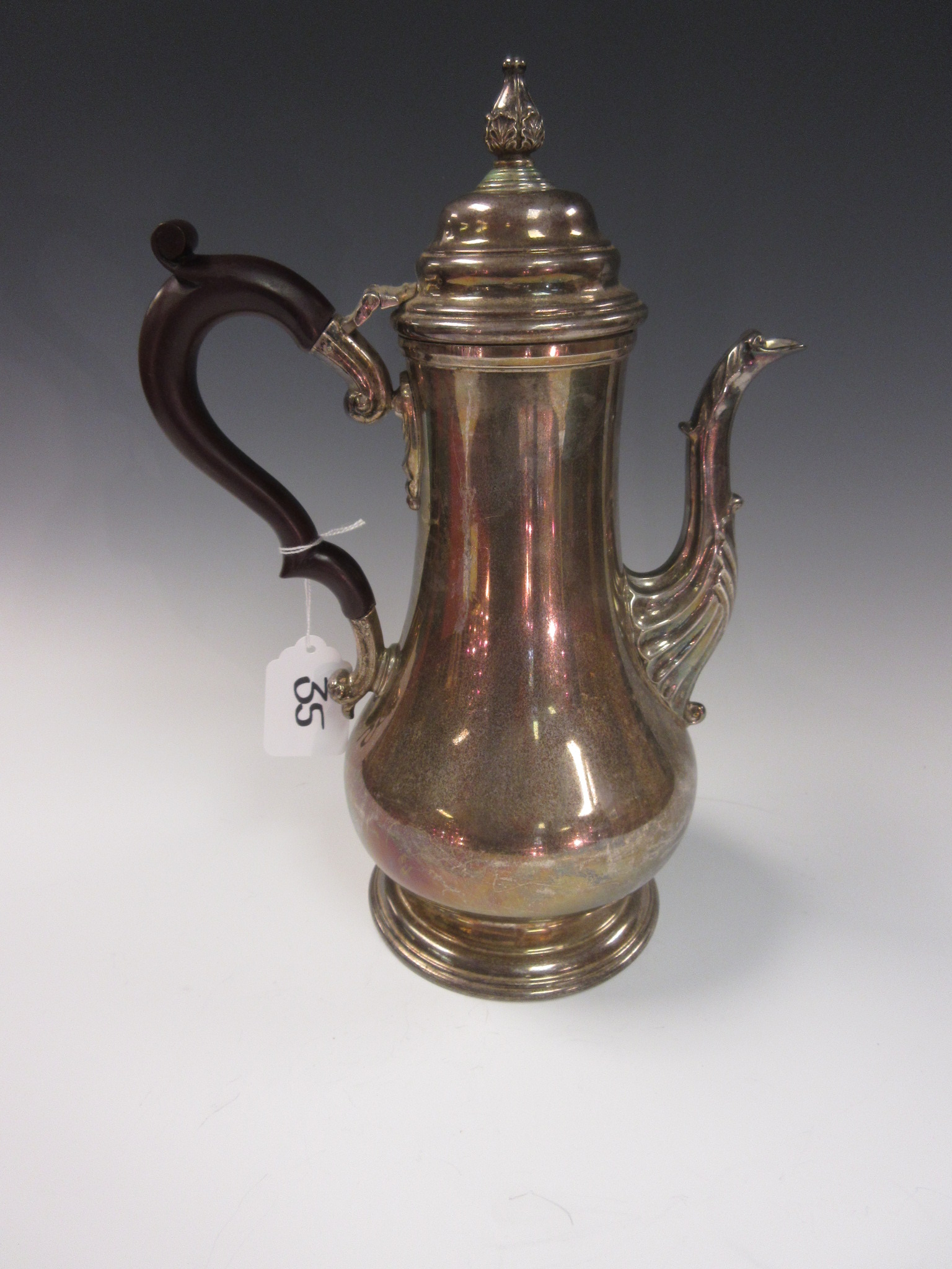 A Georgian style silver baluster Coffee Pot with wooden scroll handle, Birmingham 1968