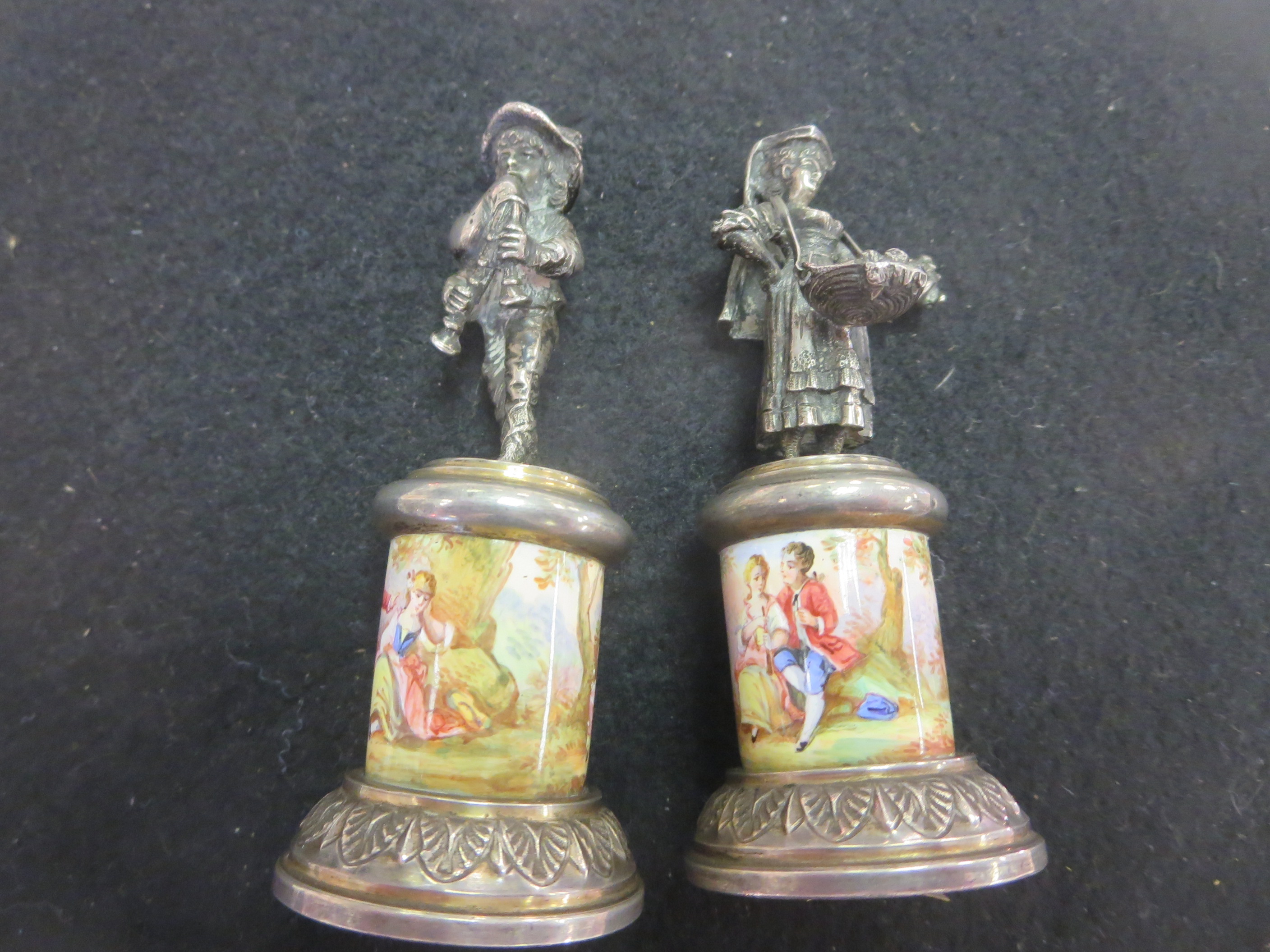 A pair of Continental silver Figures of flower girl and musician on circular pedestals enamelled - Image 6 of 6