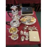 Two pairs of plated Entree Dishes and Covers, a five piece Tea & Coffee Service, a Wine Funnel and