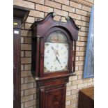 A 19th Century oak and mahogany Longcase Clock with swan neck pediment and arched dial painted