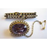 An Amethyst and Seed Pearl Brooch rub-over set oval-cut amethyst within seed pearl frame, stamped