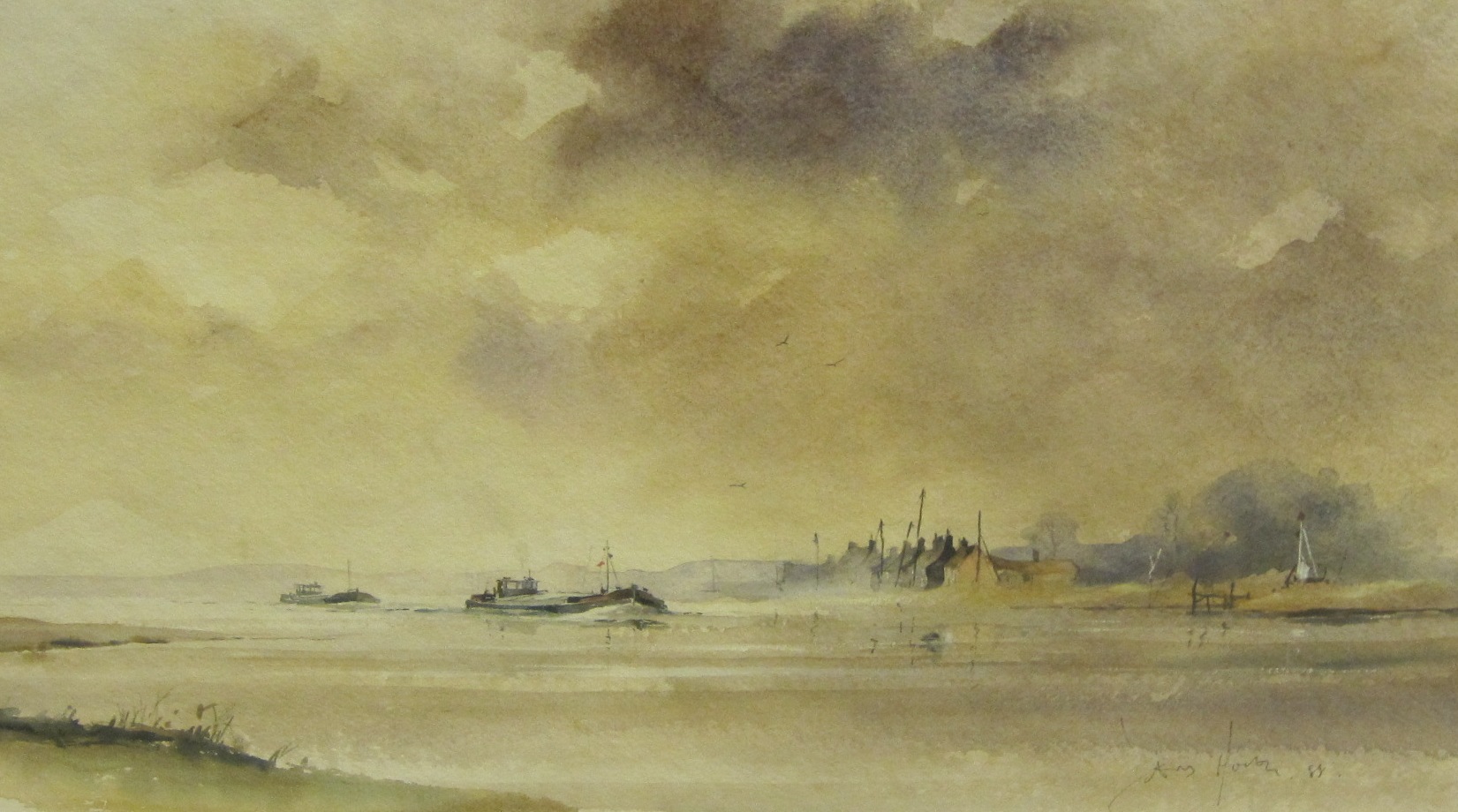 DAVID HOWELL. Barges headed for Goole, signed and dated 88, watercolour, 10 1/2 x 18 in