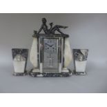 A French Art Deco Clock Garniture, the clock with square dial, movement by Japy Freres, mercury