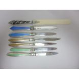 Six silver and basse taille enamel Knives in blue, green and beige, Sheffield 1910, 1916, etc and an